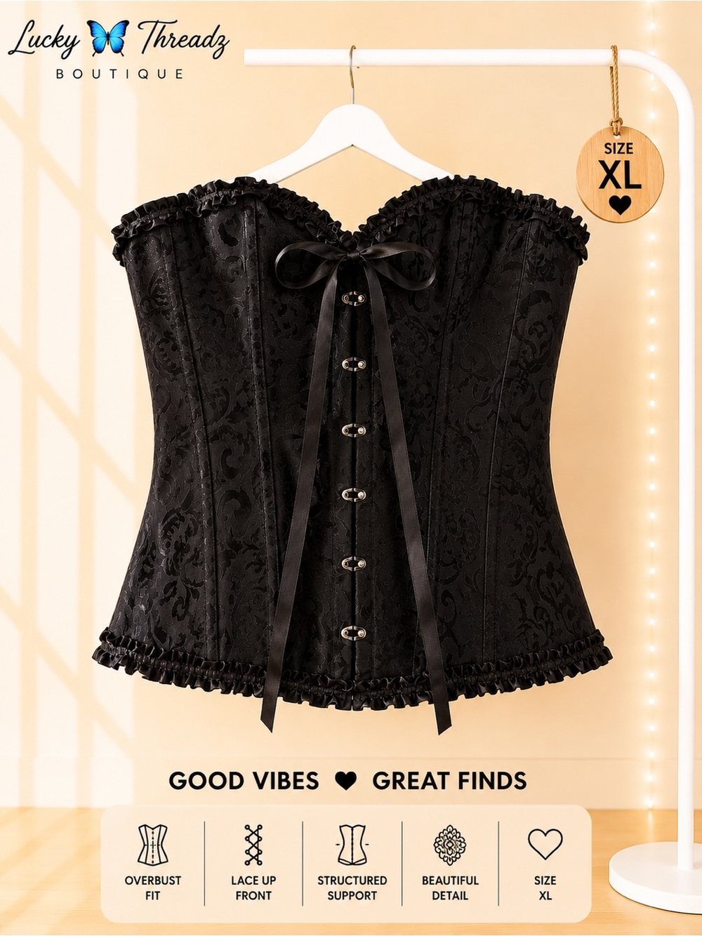 Blacks Jacquard Overbust Corset Top Goth Lace Up Bustier Ruffle Trim Size XL⁠